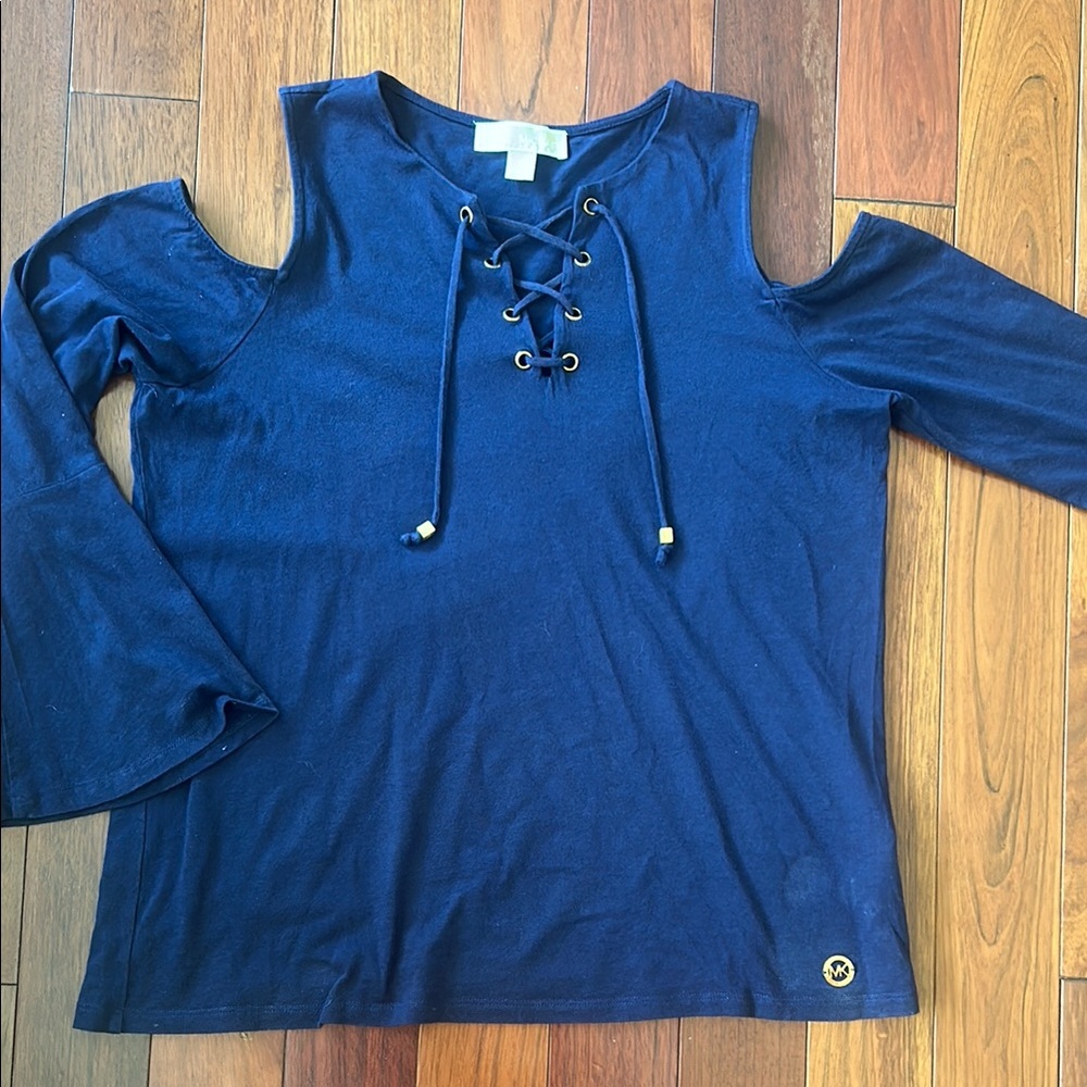 Michael Kors Blue 3/4 Sleeve Cut Out Blouse